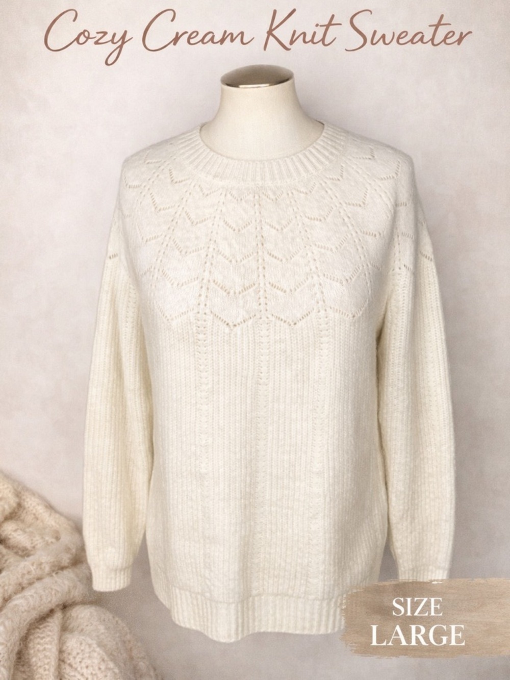 Talbots Cream Knit Sweater Large Textured Crewneck Cozy Soft Pullover
